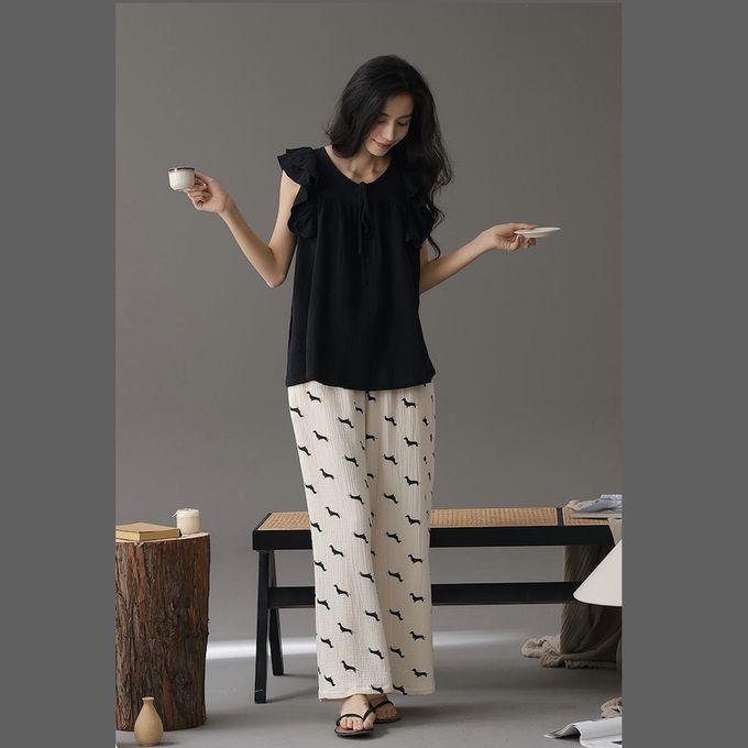 沉寂極簡風荷葉袖上衣配長褲居家服