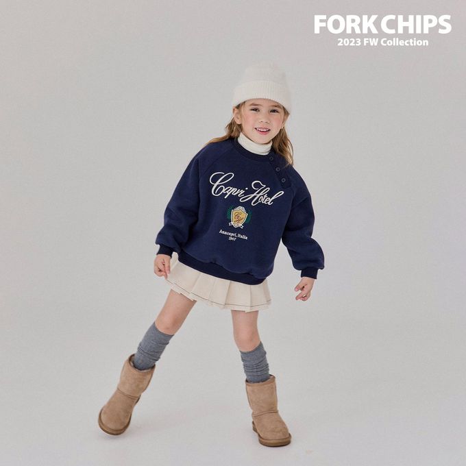 韓國 FORK CHIPS - (內磨毛)刺繡點綴圓領大學T-深藍