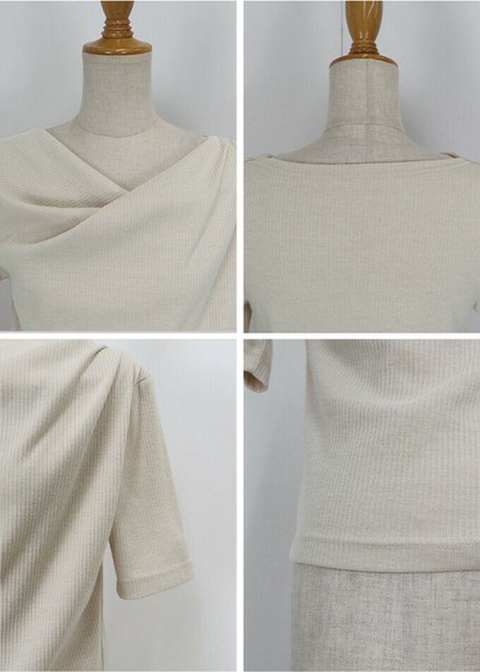 日本 BLUE EAST - 美型羅紋皺摺V領短袖上衣-水藍