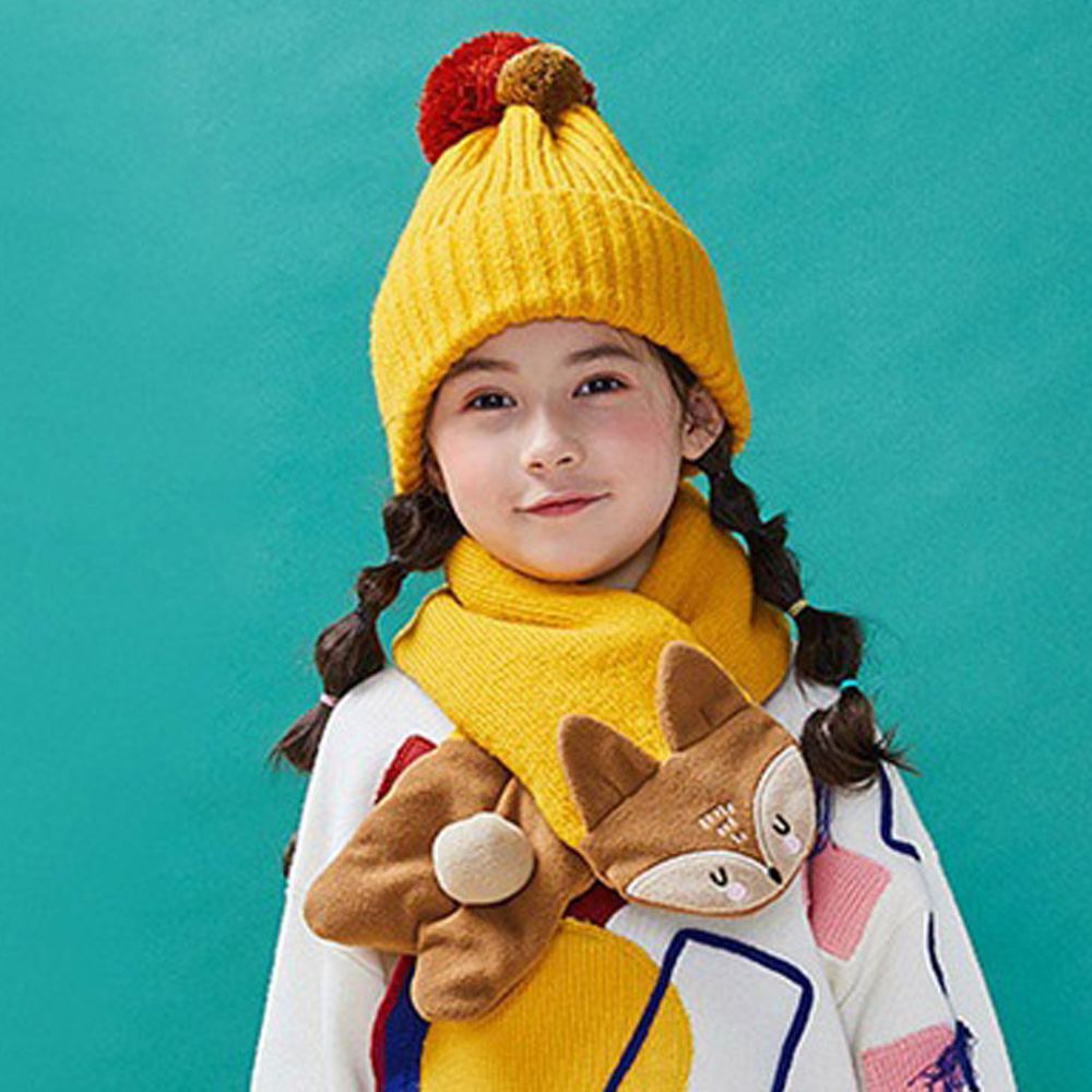 韓國lemonkid - 雙色球糖果帽二件套(圍巾+帽子)-姜黃色狐狸 (均碼(帽圍52cm,帽深20cm,圍脖長度79cm))