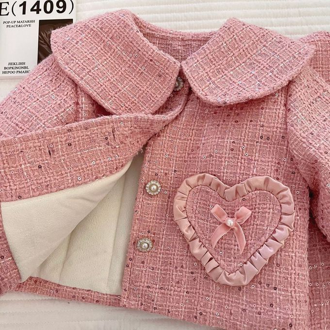 小香風愛心點綴粉色粗花呢外套&背心洋裝