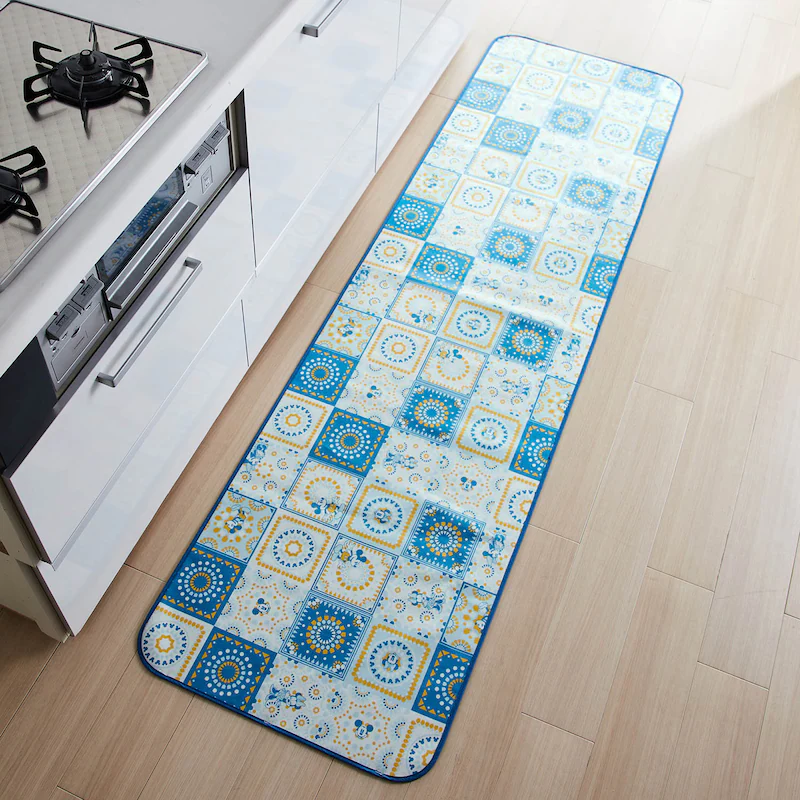 日本千趣會 - 迪士尼 日本製 防水加工長型腳踏墊(廚房/臥室)-米奇米妮磁磚-藍