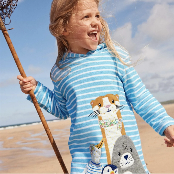 love, charlotte - 海洋動物貼布繡連帽全棉長袖洋裝