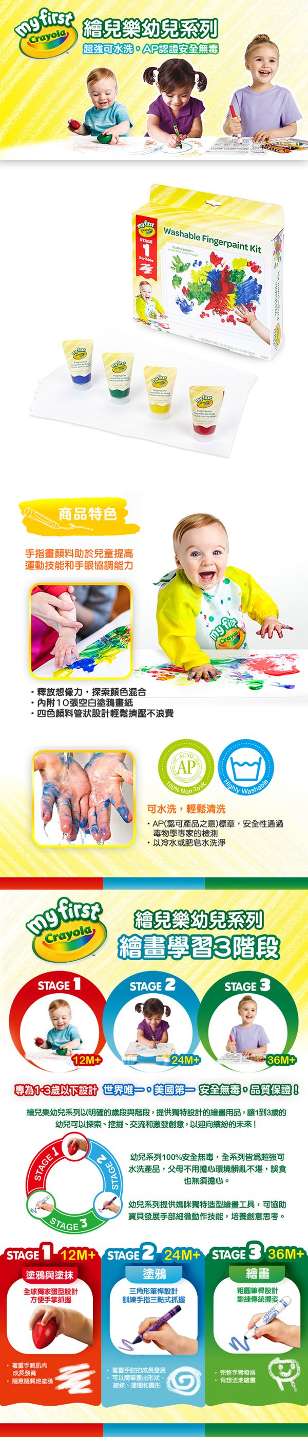 Crayola繪兒樂 - 【盒損品】幼兒可水洗手指畫顏料4色組-(紅/黃/藍/綠)