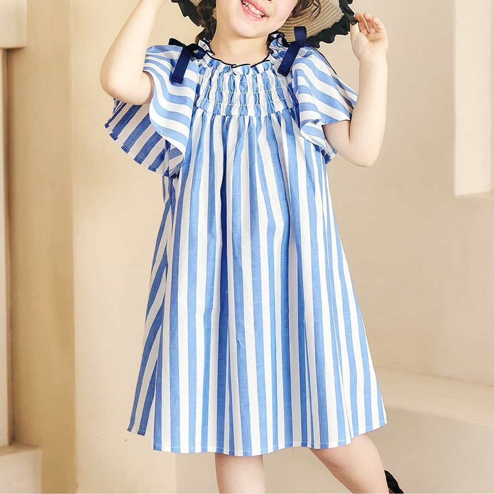 夏日蝴蝶結澎澎短袖洋裝-直條紋-藍白