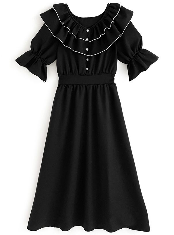 日本 GRL - 浪漫滿屋層次糖果袖收腰洋裝-經典黑