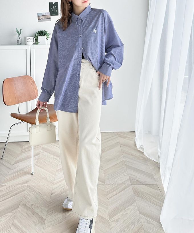 日本 Classical Elf - 前短後長知性寬版長袖襯衫-logo刺繡-藍白條紋