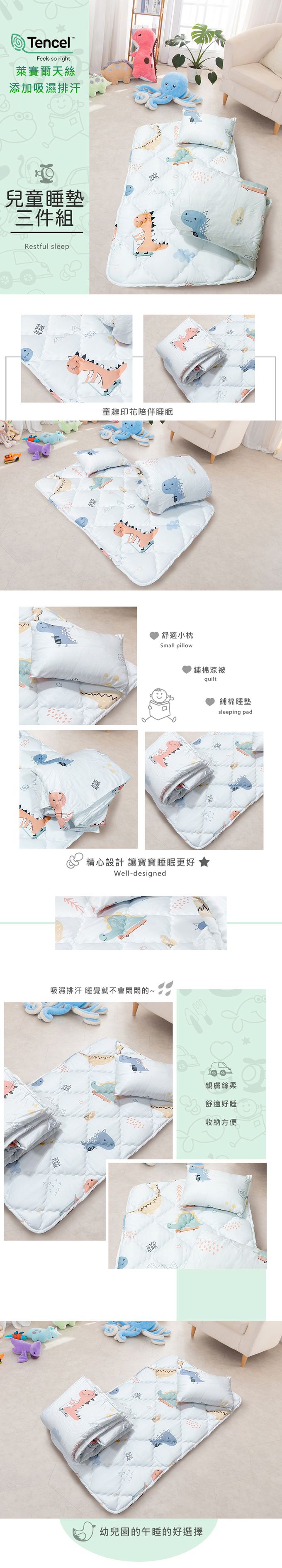 Leafbaby - 台灣製絲滑天絲幼兒園專用兒童睡墊三件組-藍天頑皮龍