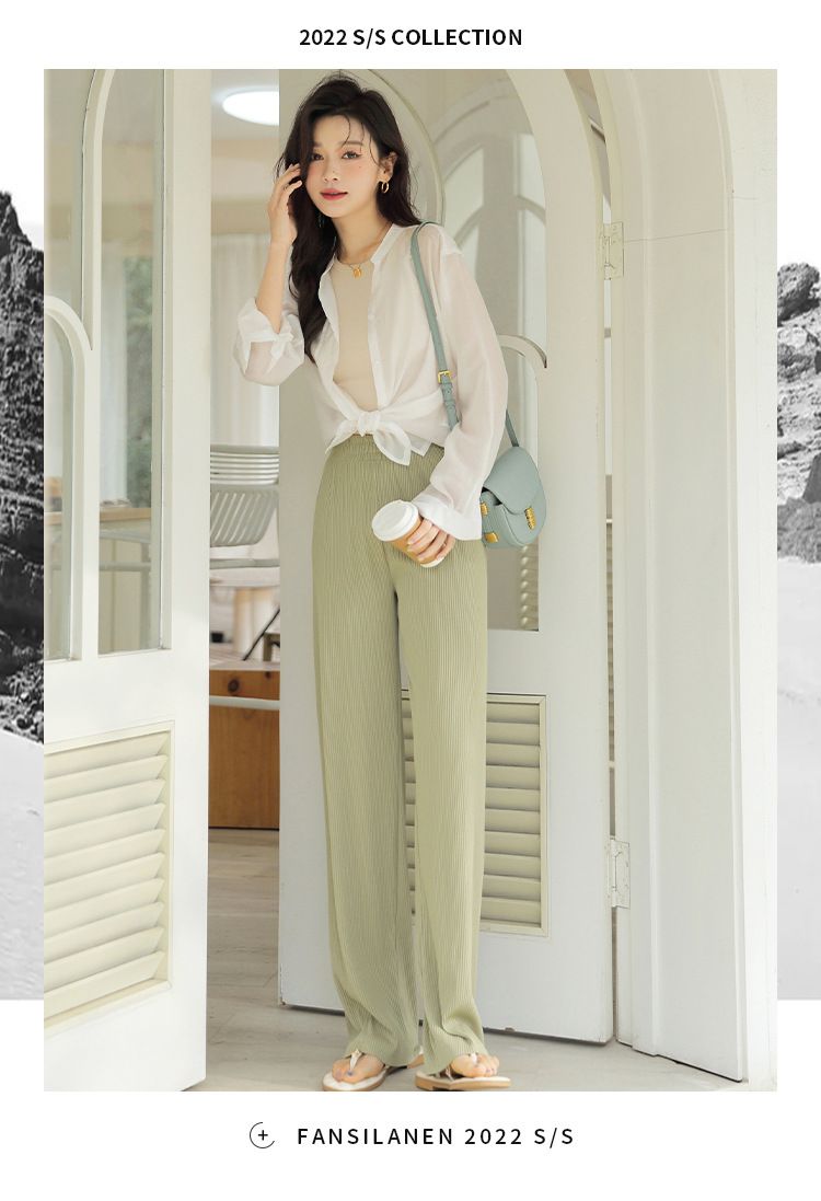 高腰垂墜落地寬褲/皺皺褲-黑色