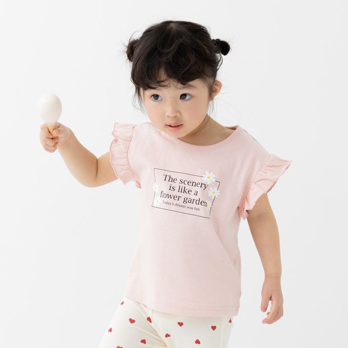 日本 Chil2 - 100%棉 荷葉邊女孩印花短袖上衣-大臉貓貓-白