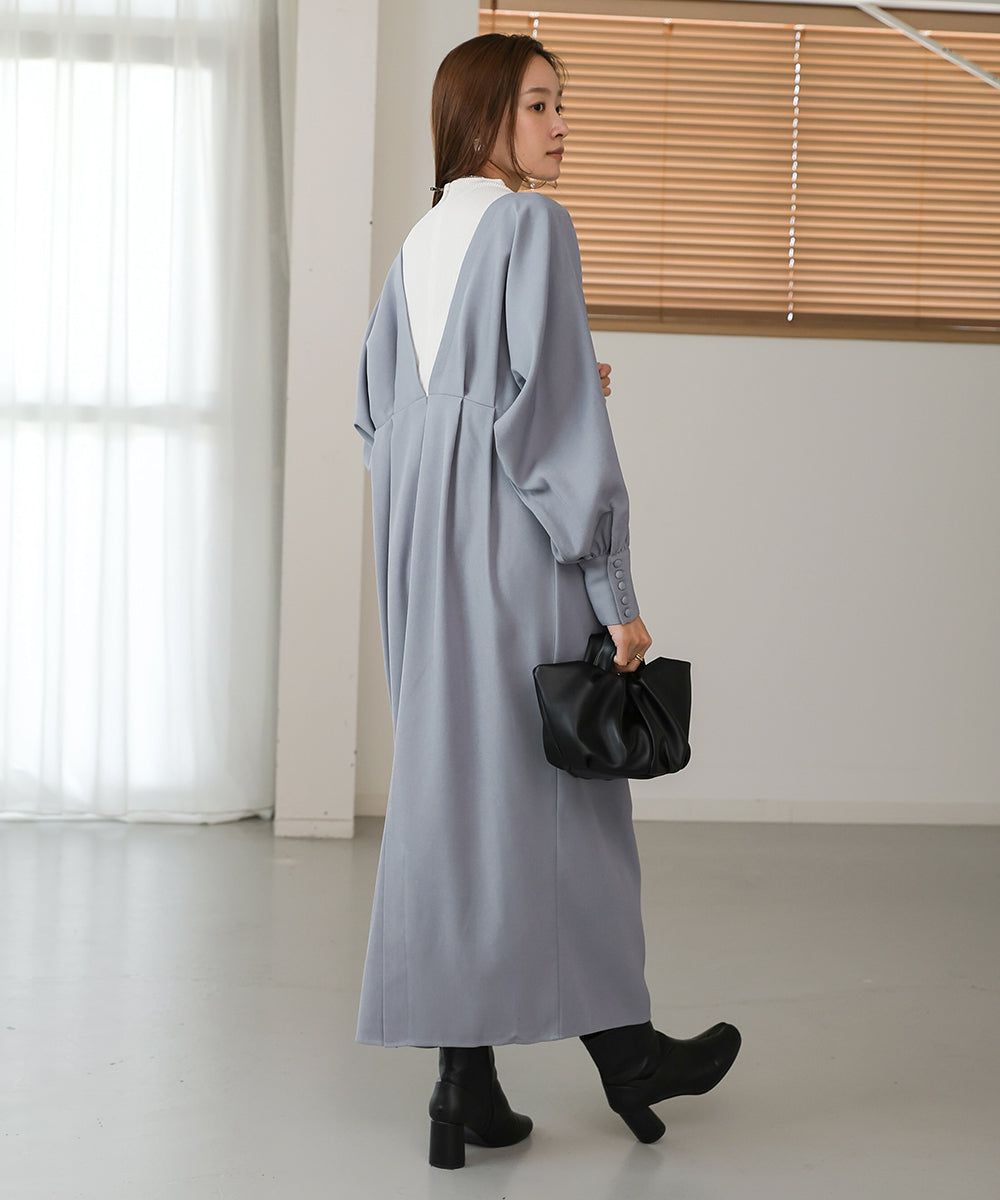 日本 Bab - 大V領拼接唯美歐風長袖洋裝-灰藍