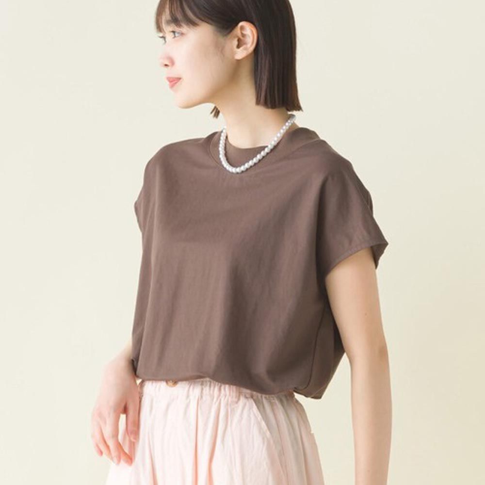 日本 OMNES - 接觸涼感 嫘縈混圓領法式袖上衣-咖啡