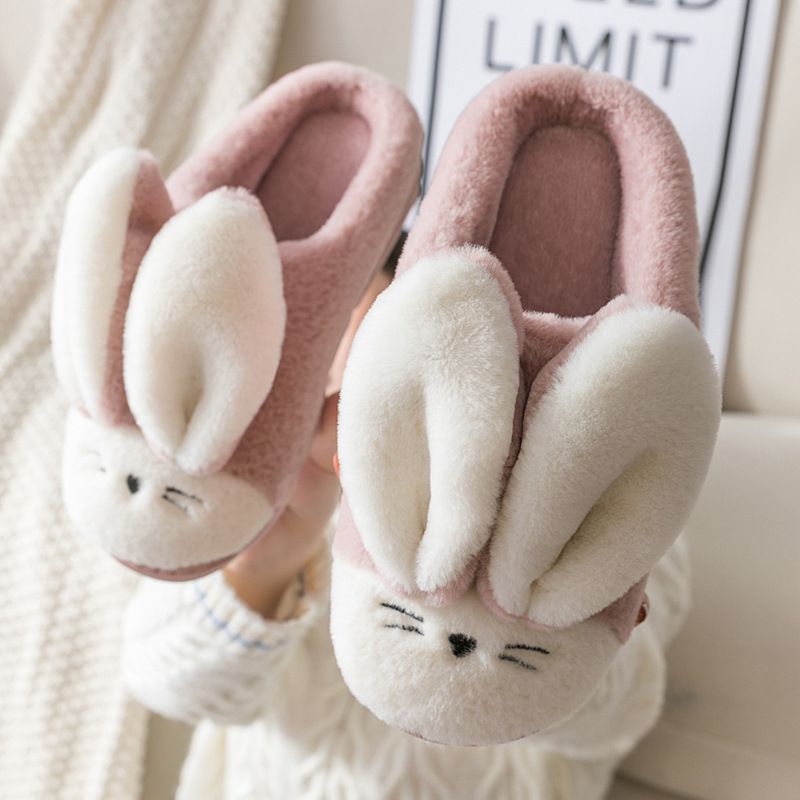 毛毛保暖室內拖鞋-大耳朵兔子-淡粉色