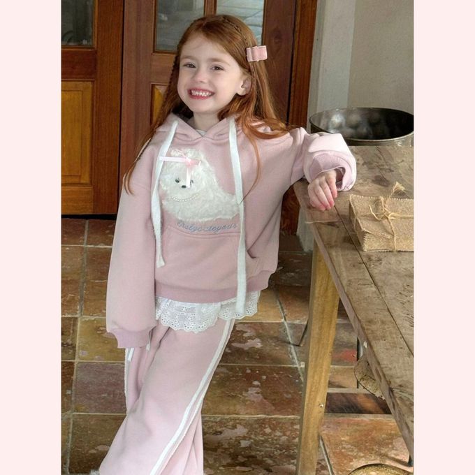 韓版捲毛小狗連帽衛衣荷葉裝飾運動褲套裝