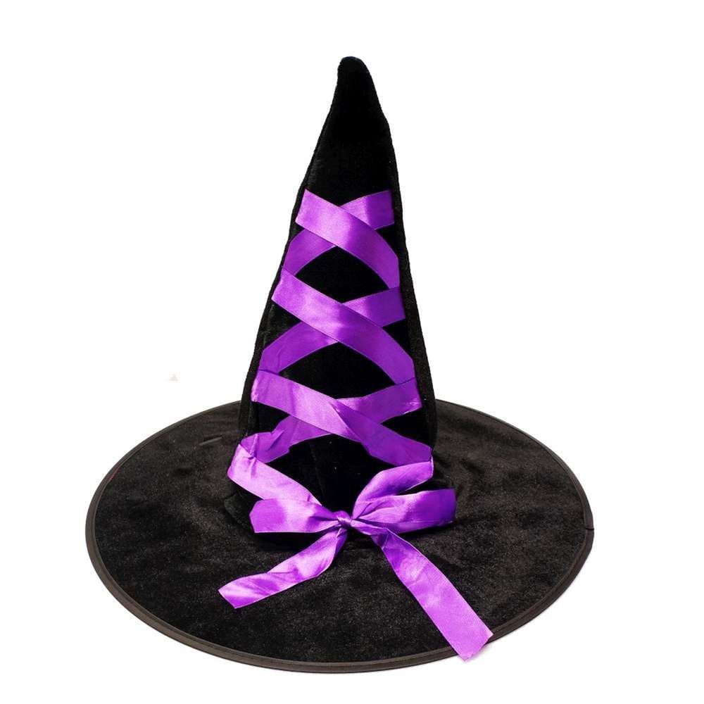 MODACore 摩達客 - 萬聖派對變裝-魔法紫色緞帶植絨黑巫師帽-單入