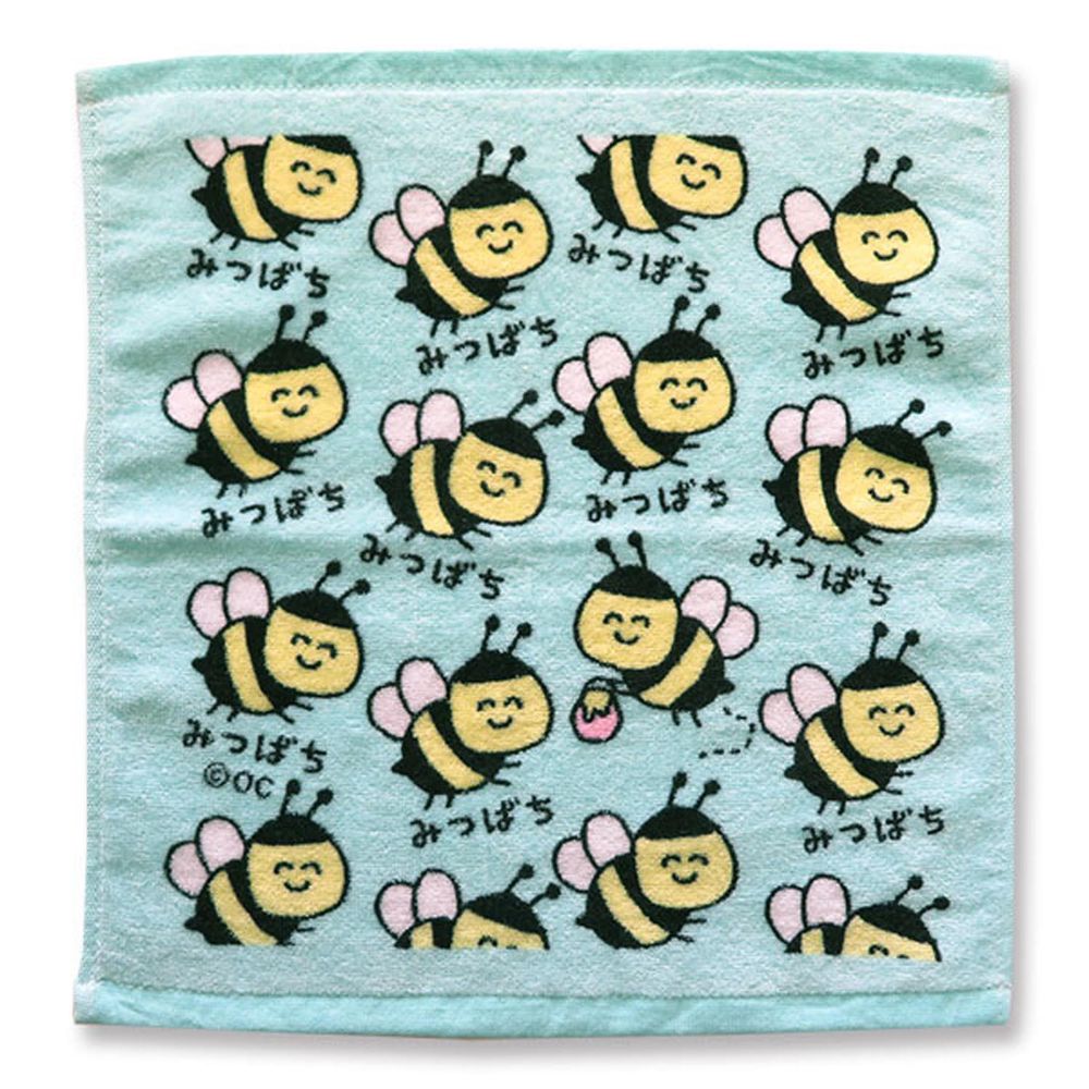 日本 OKUTANI - 童趣插畫小方巾/手帕-蜜蜂嗡嗡-藍綠 (34x35cm)