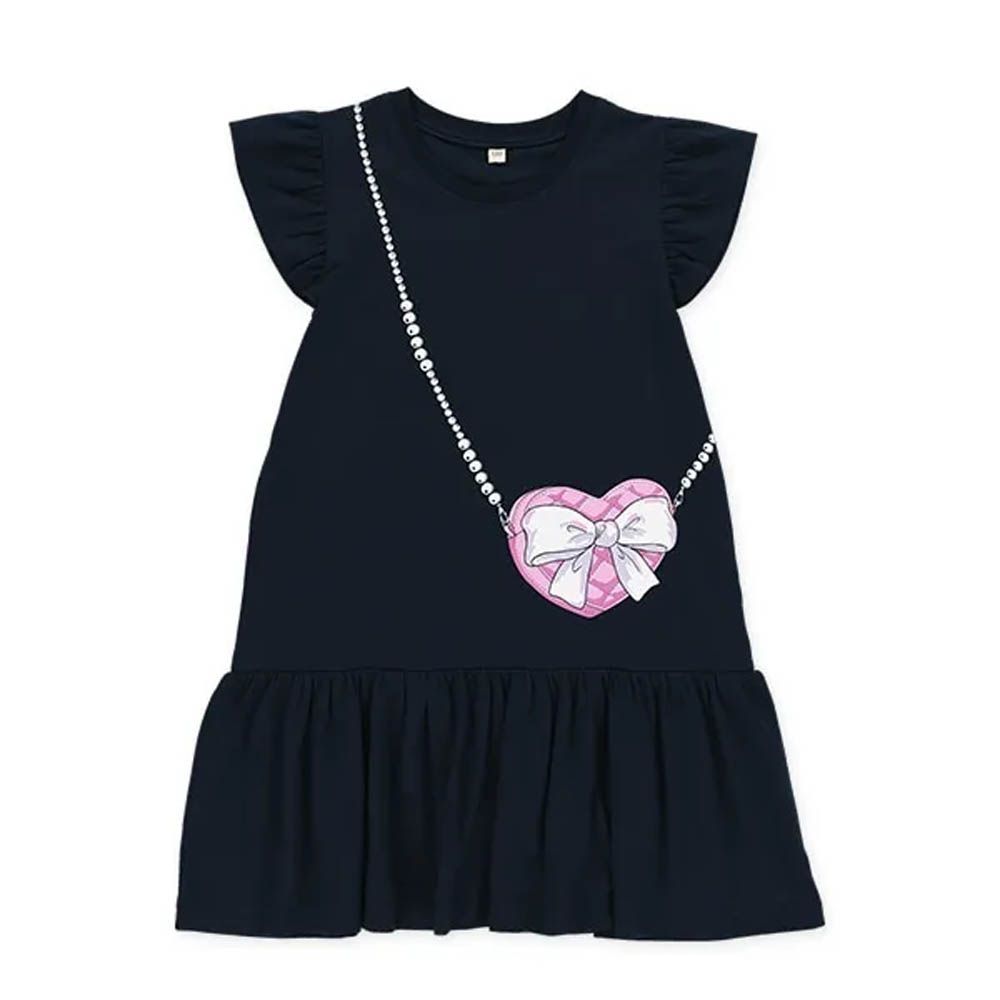 時尚小包印花法式短袖洋裝-深藍