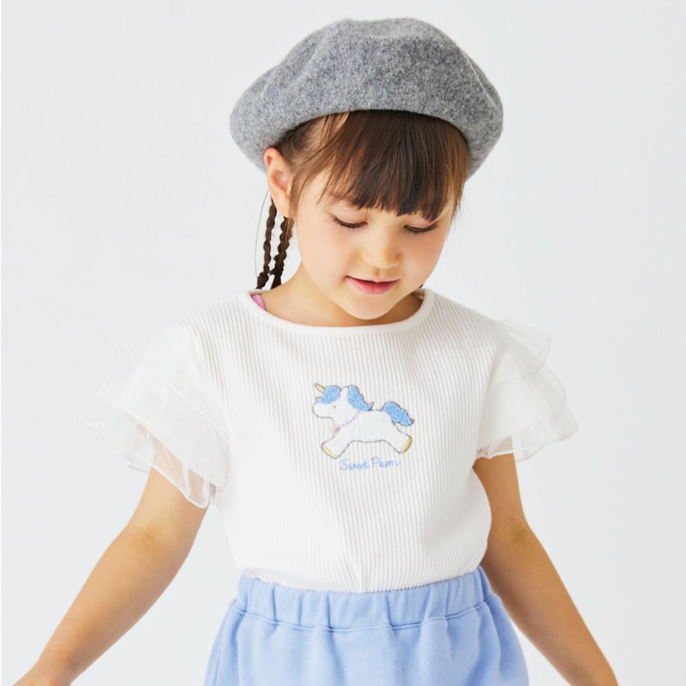 日本 evercloset - 柔軟羅紋獨角獸印花蕾絲袖上衣-粉紅