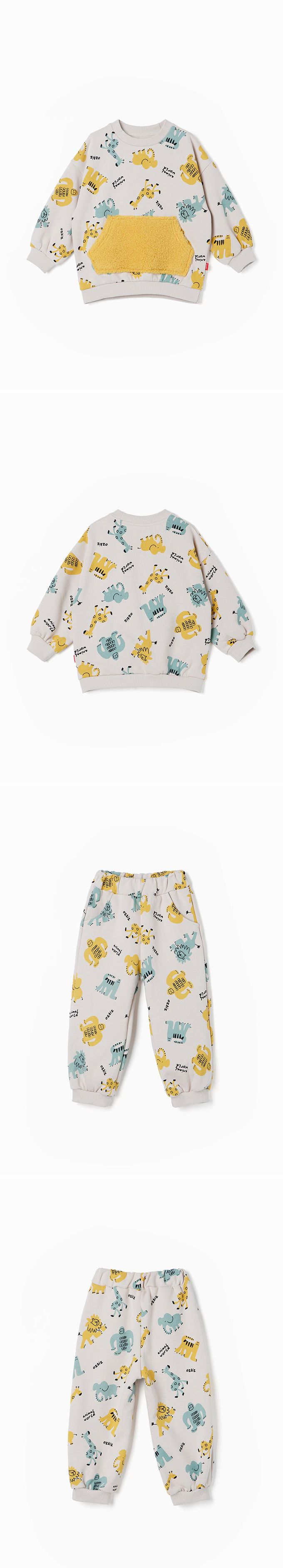 韓國 OZKIZ - 森林動物園內磨毛長袖套裝-杏灰