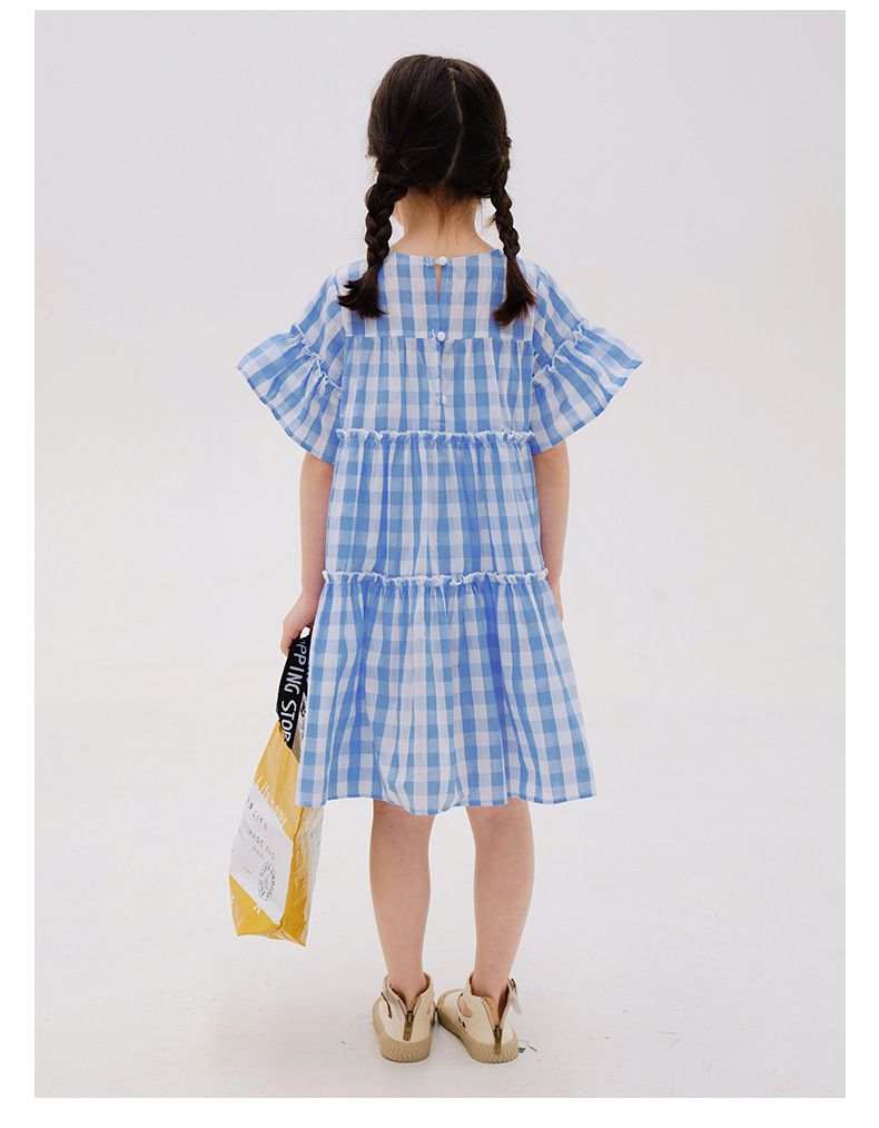 夏日風情拼接蛋糕裙洋裝-藍白格紋