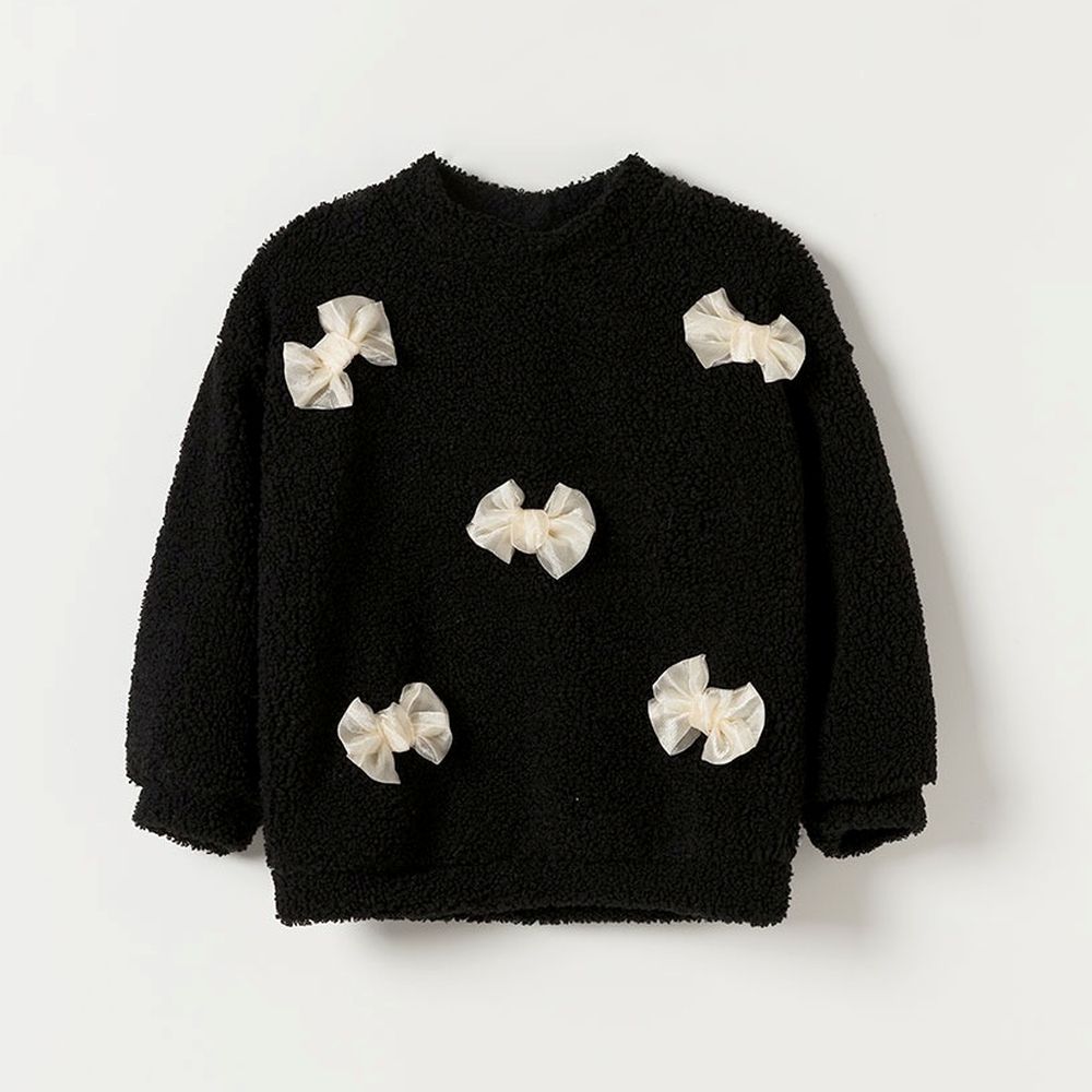 蝴蝶結點綴泰迪絨長袖大學T-黑