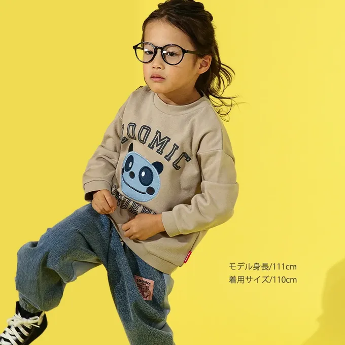 日本 ZOOLAND - 丹寧風小熊裏毛長袖上衣-縫線小熊臉-卡其