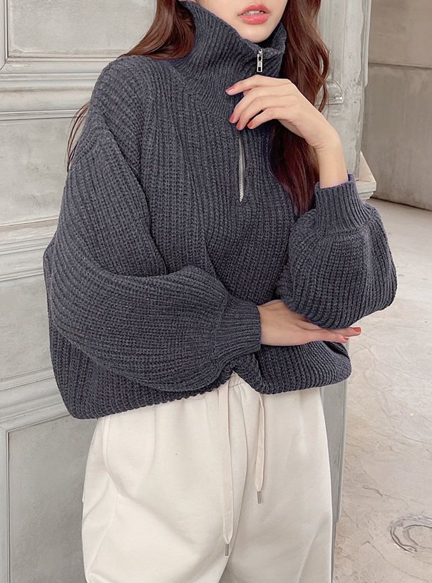 日本 GRL - 率性拉鍊領氣球袖針織上衣-深咖啡 (F)