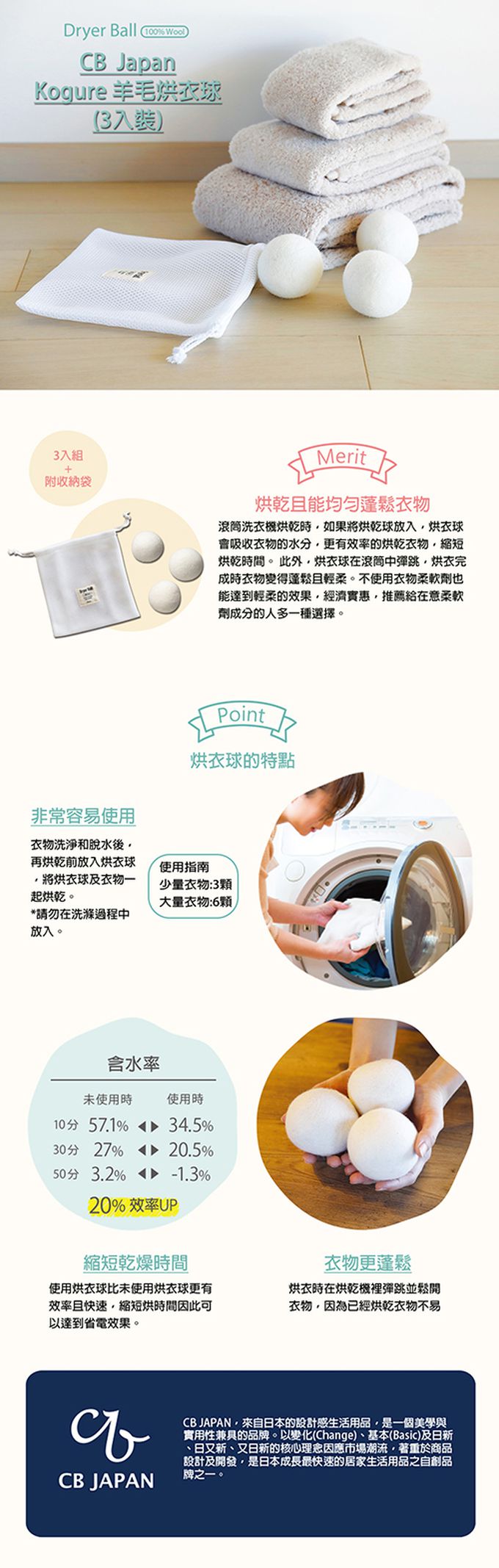 日本 CB JAPAN - Kogure 羊毛烘衣球 (3入裝)-45g