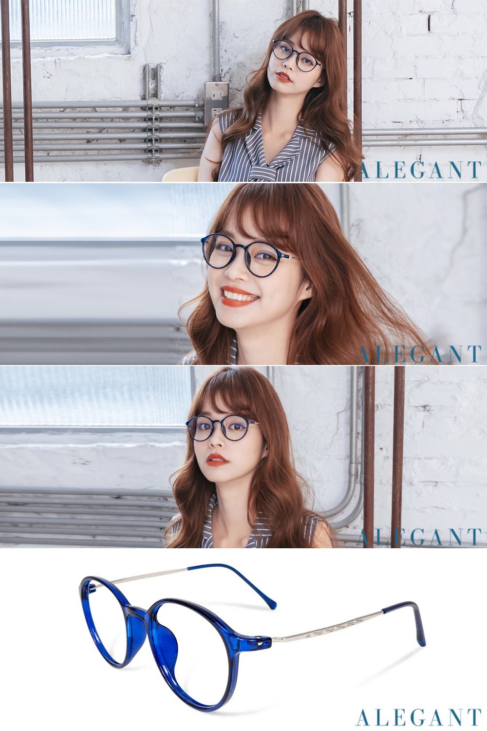 ALEGANT - 韓星時尚網紅復古水手藍TR90輕量圓框金屬鏡腳UV400濾藍光眼鏡