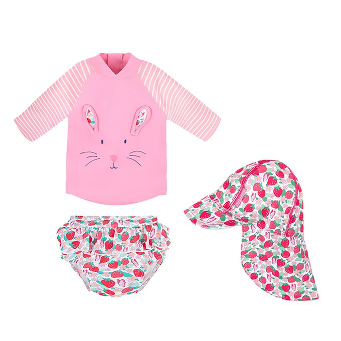 英國 JoJo Maman BeBe - 兩件式泳裝+防曬護頸遮陽帽-甜蜜草莓_JJH3982+甜蜜草莓_JJH3978