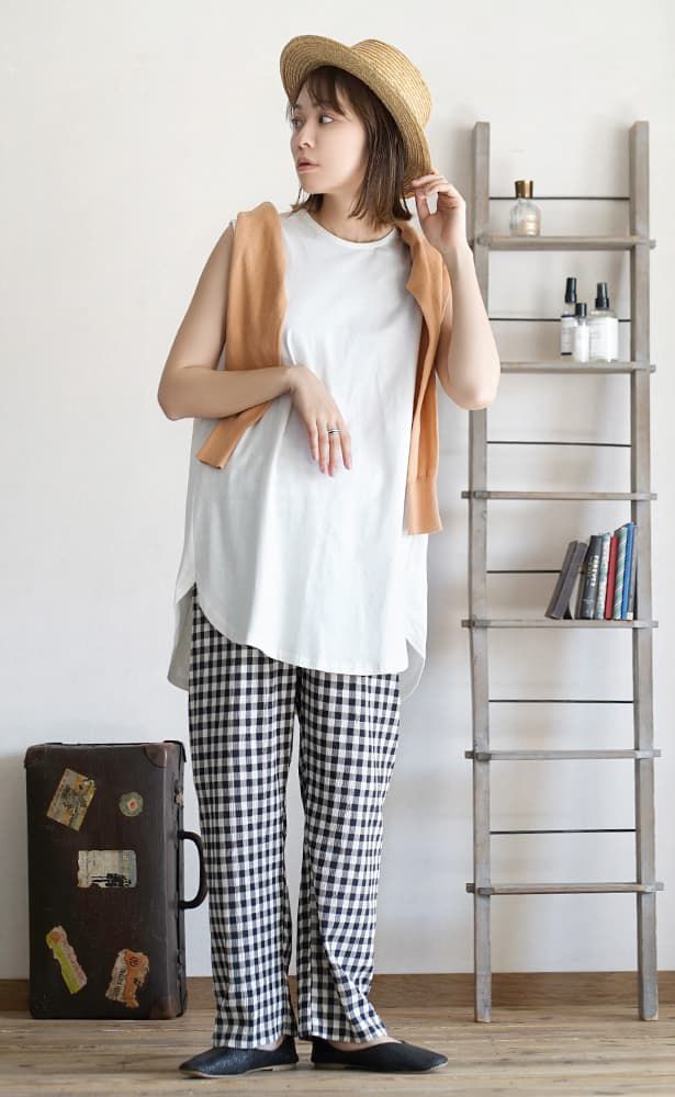 日本 zootie - 100%棉  修身長版無袖上衣-淺灰棕