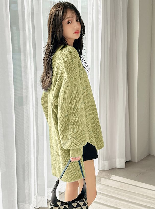 日本 GRL - 慵懶感綁帶長版針織上衣-蘋果綠 (F)