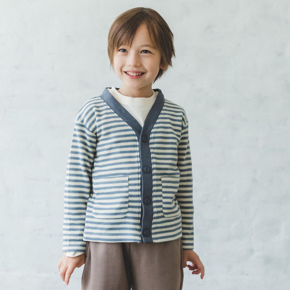 日本 PAIRMANON - 早秋款 舒適鬆餅紋長袖薄外套-條紋藍