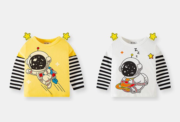 純棉圓領立體薄長袖上衣-遨遊太空人-黃色