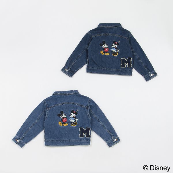 日本 petit main - 聯名款 經典印花廓形牛仔夾克-卡通人物米奇米妮-丹寧藍