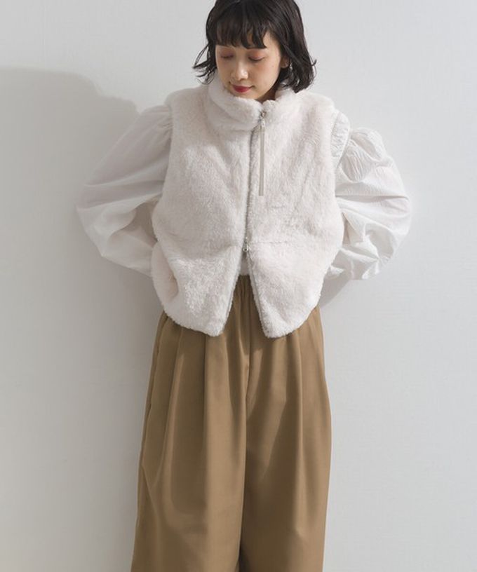 日本 ELENCARE DUE - 柔軟蓬鬆仿毛立領雙拉鍊背心-摩卡灰