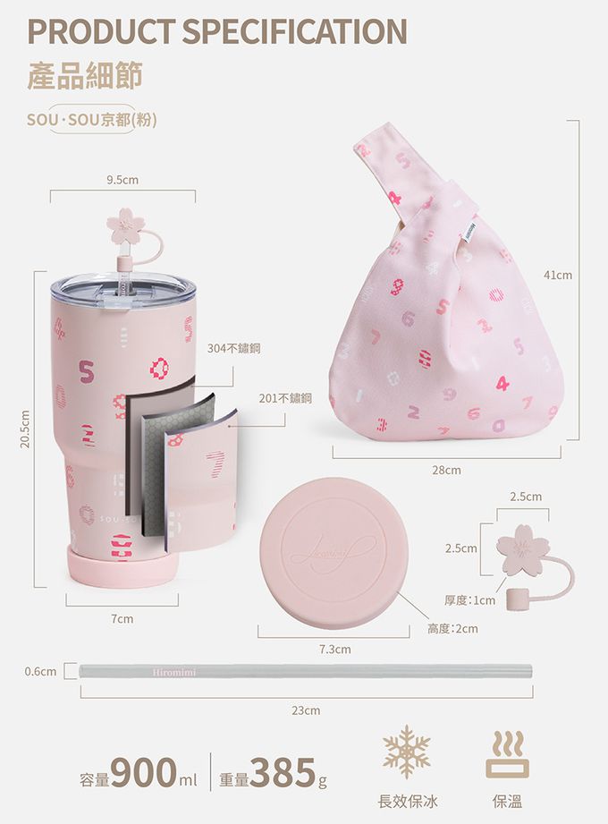 Hiromimi - SOUSOU二代不鏽鋼冰壩杯提袋組-SOU•SOU京都-粉-900ml