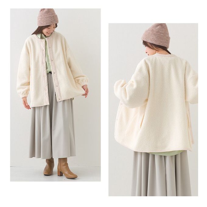 日本 OMNES - 溫柔短毛絨鈕扣無領保暖外套-黑