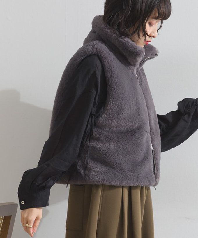 日本 ELENCARE DUE - 柔軟蓬鬆仿毛立領雙拉鍊背心-炭灰