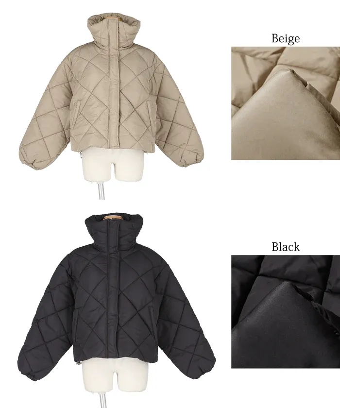 日本 COCA - 菱紋衍縫翻領鋪棉短版外套-氣質米