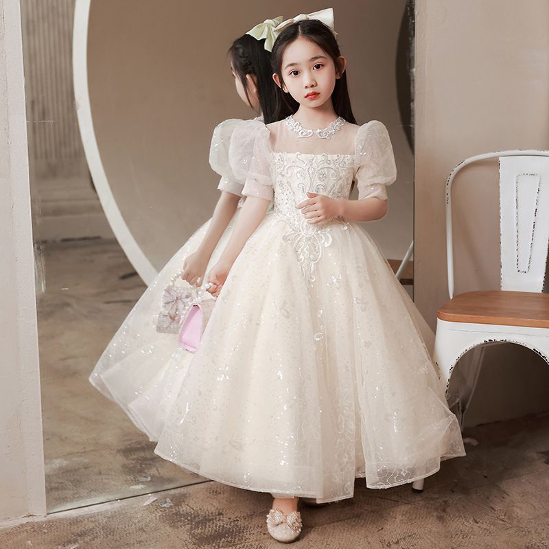 歌德風泡泡袖公主亮片網紗禮服-短裙款-香檳色