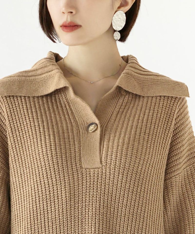 日本 zootie - 翻領畝編柔軟針織洋裝-淺灰米