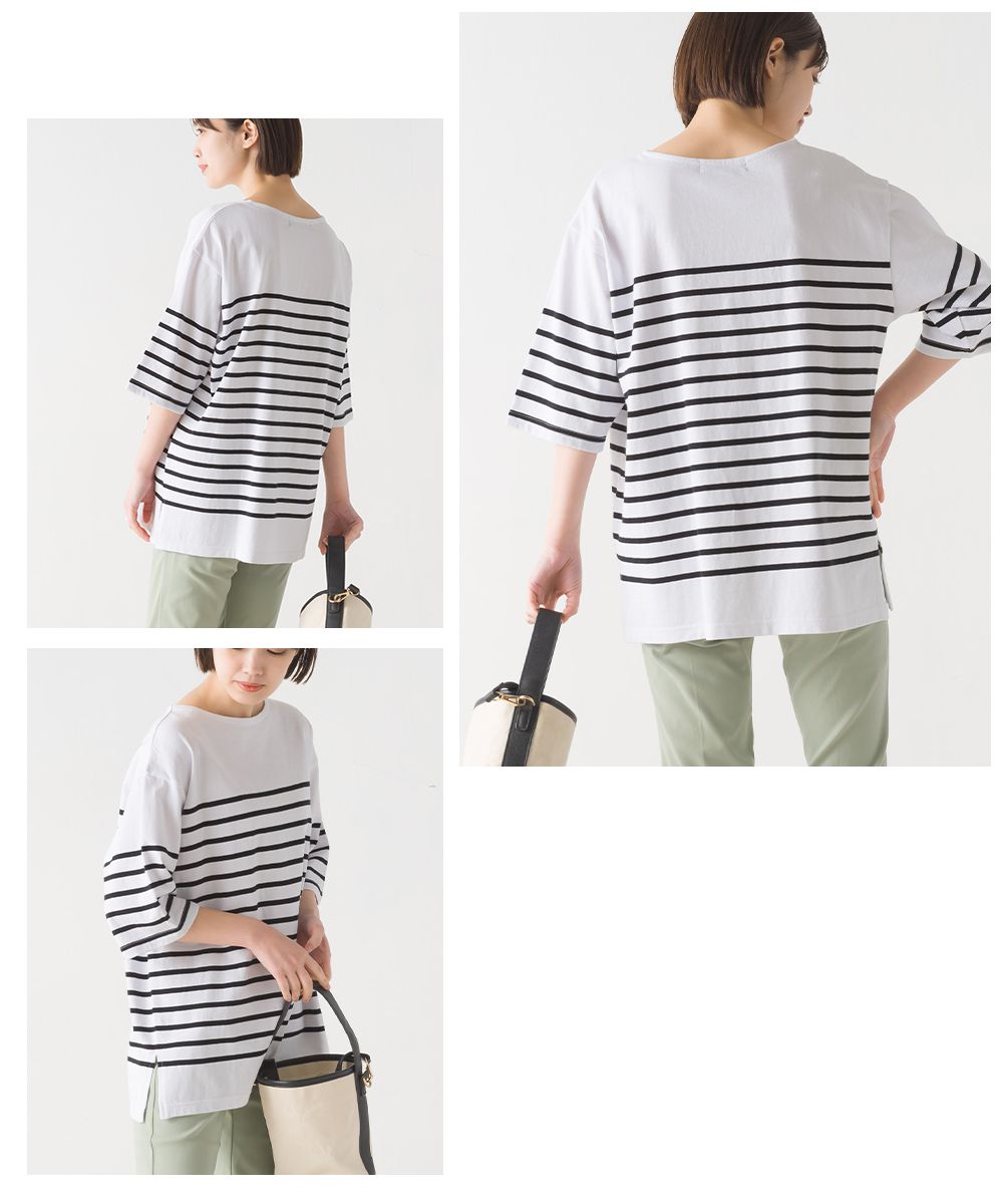 日本 OMNES - 100%棉 圓領條紋五分袖上衣-白x黑