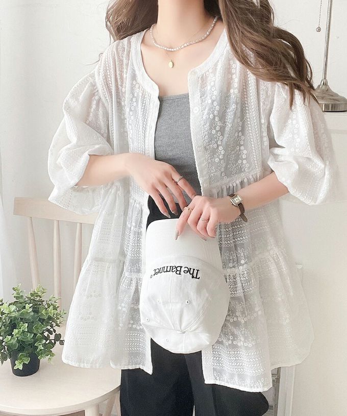 日本 Classical Elf - 3WAY刺繡雕花廓形短袖襯衫-白