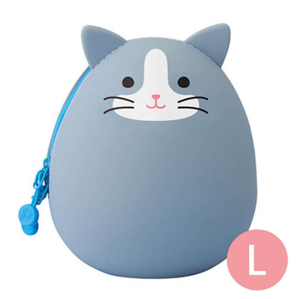 日本文具 LIHIT - 圓筒式胖胖收納包-灰貓 (L(14x12x9.6cm))