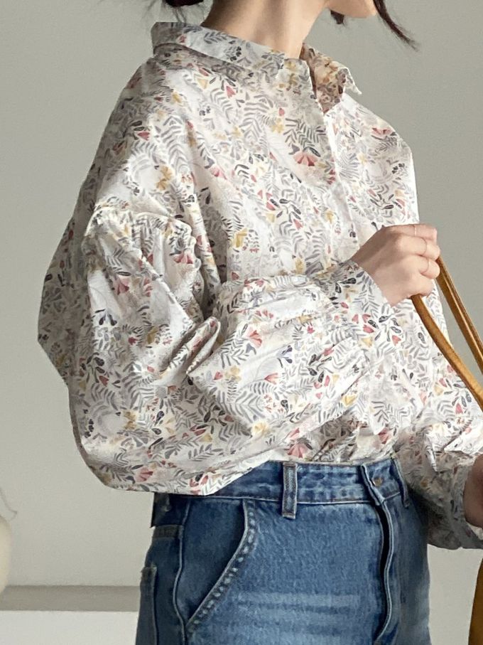 韓國女裝連線 - 花草圖樣翻領拼接長袖襯衫-象牙白 (FREE)