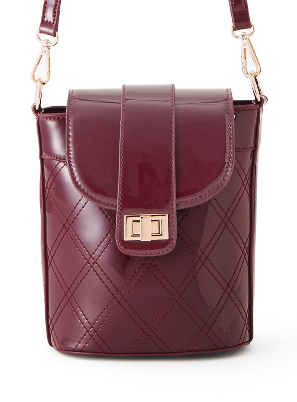 日本 GRL - 琺瑯菱形格紋手機包/側背包-勃艮第酒紅 (F)