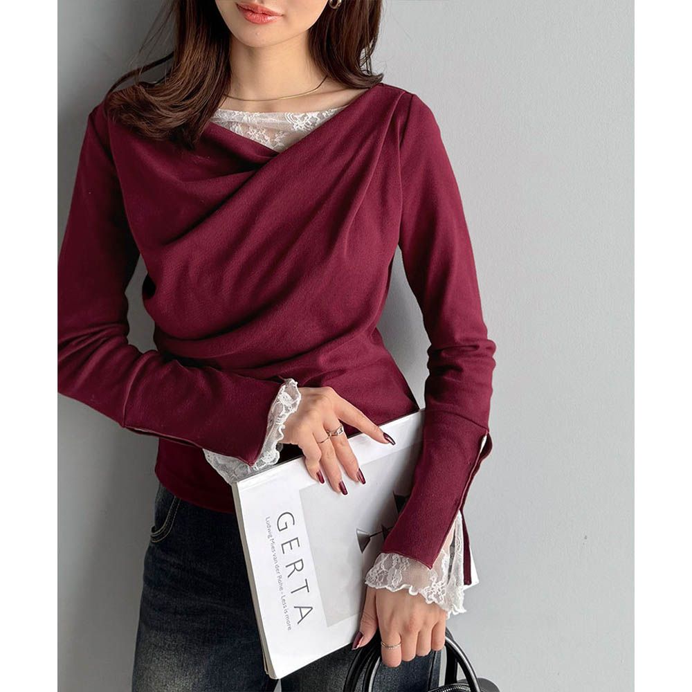 蕾絲皺摺美型喇叭袖上衣-酒紅