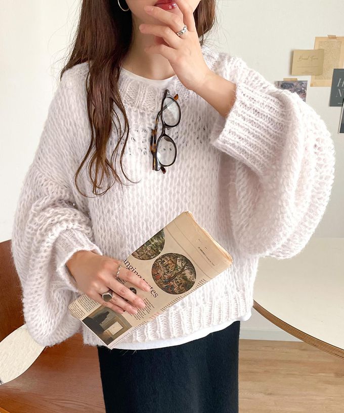 日本 Classical Elf - 甜美船領針織洞洞大寬袖毛衣-湖水綠