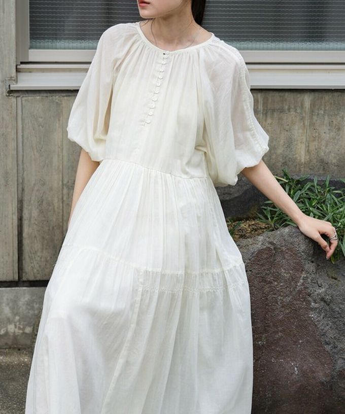 日本 Bab - 100%棉 巴里紗柔軟素色寬袖洋裝-水藍 (S)